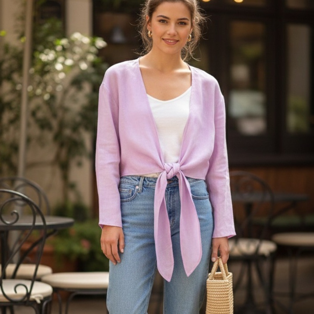 Zara Linen Long Sleeve Tie Front Cropped V-neck Blouse in Lilac NWT Size Small